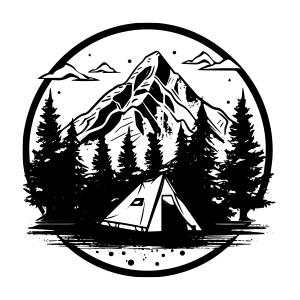 A captivating camping logo featuring a tent nestled amidst a picturesque forest with majestic mountains in the background