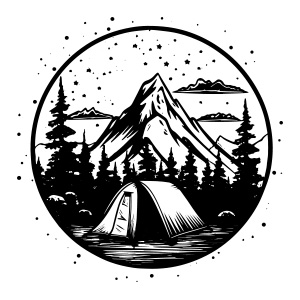 Experience the serenity of nature with our captivating camping logo, showcasing a tent nestled amidst a lush forest with majestic mountains as the backdrop.
