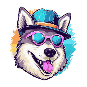 A vibrant and playful husky with hat and sunglasses logo, combining style and character.