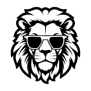 A unique lion head with sunglasses logo, radiating style and attitude.