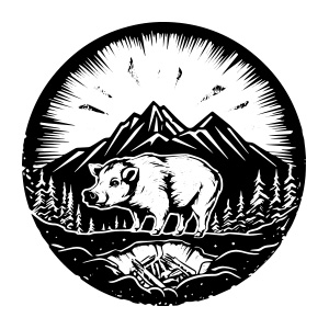 A dynamic wild boar camping logo, capturing the spirit of adventure and wilderness